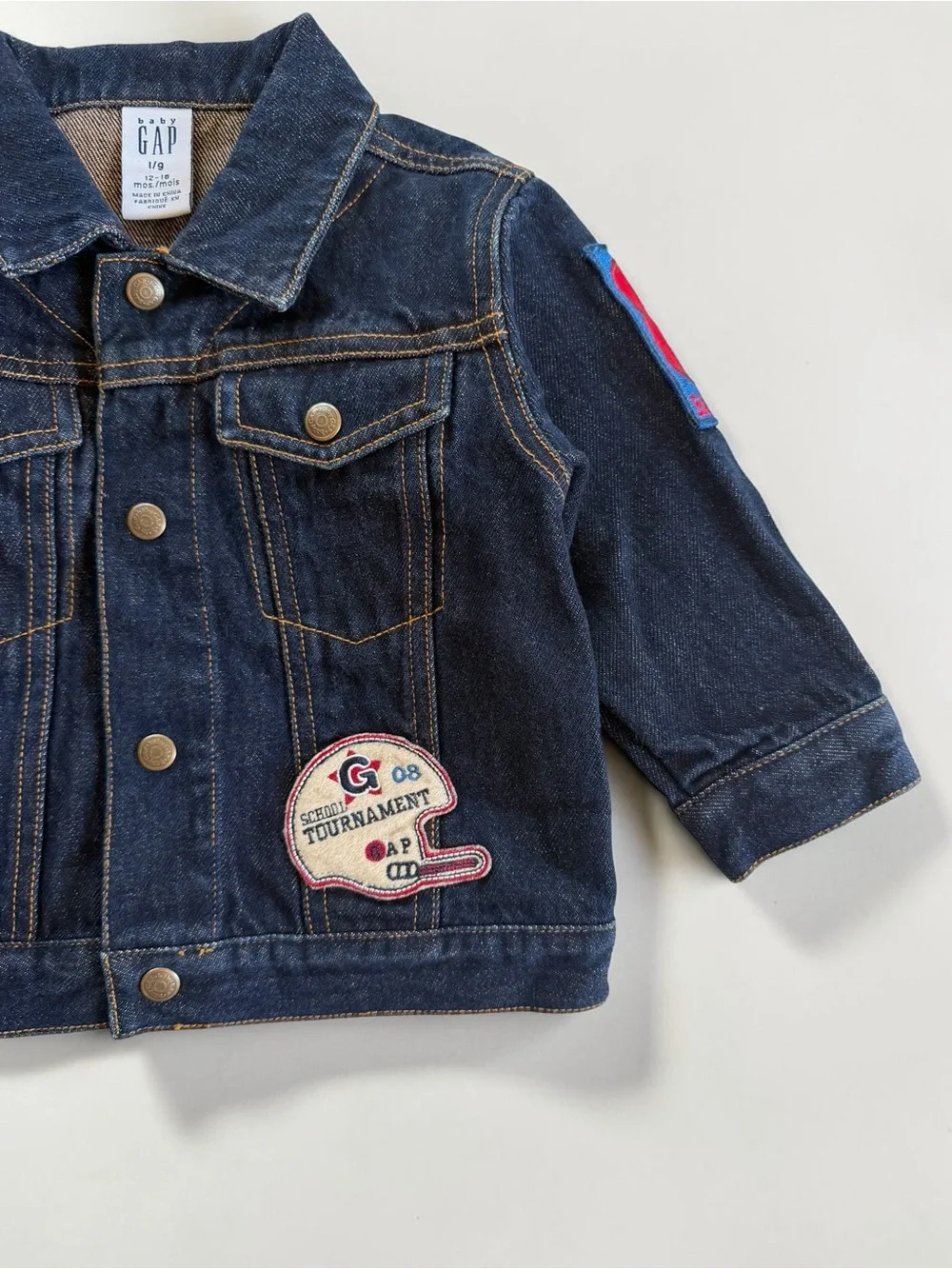 VINTAGE GAP EUC Dark Wash Denim Sports Soccer Football Patch Denim Jacket
